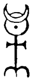 A crescent above a circle and central point, joined to a cross above two curved ram horns.