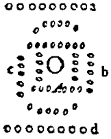 A central circle surrounded by rings and rows of small circles, with positions labeled a through d.