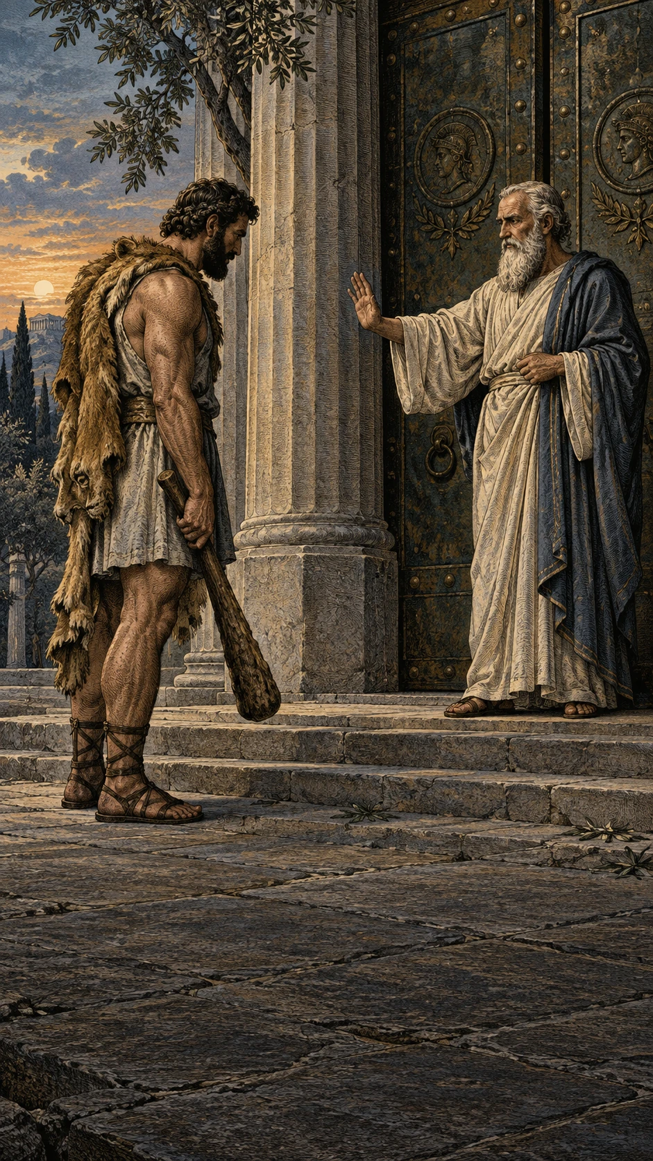 Heracles seeks initiation at Eleusis; interpretive illustration