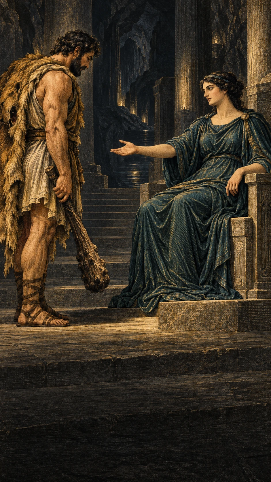 Interpretive illustration of Persephone welcoming Heracles in the underworld