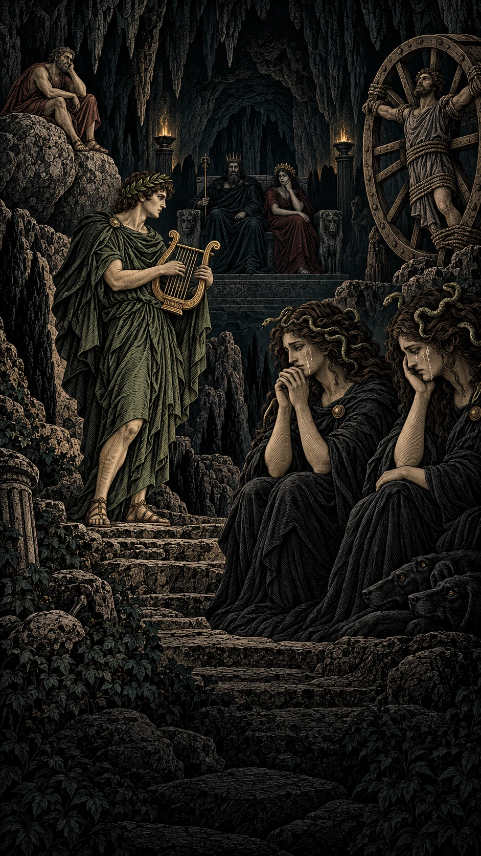 Interpretive illustration of Orpheus playing before the rulers of the underworld