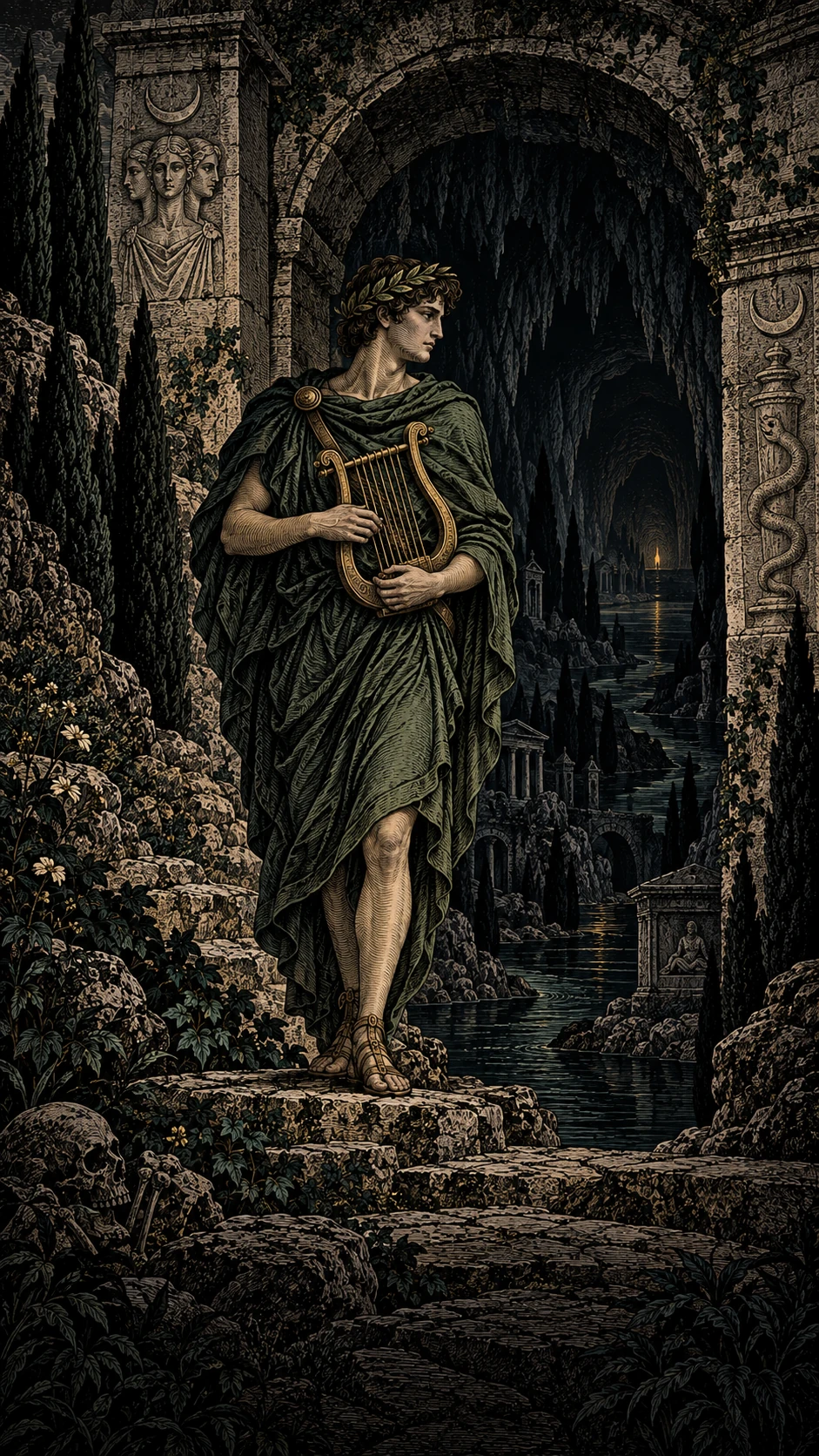 Orpheus holds his lyre at the threshold of a cavern descending into the underworld.