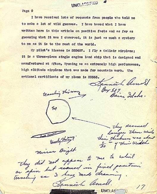 The complete supplied page comes from Kenneth Arnold’s 1947 report. It contains a typed closing statement, signature, and sketches showing an object from above and the side. Handwritten notes describe brightness and weaving motion.
