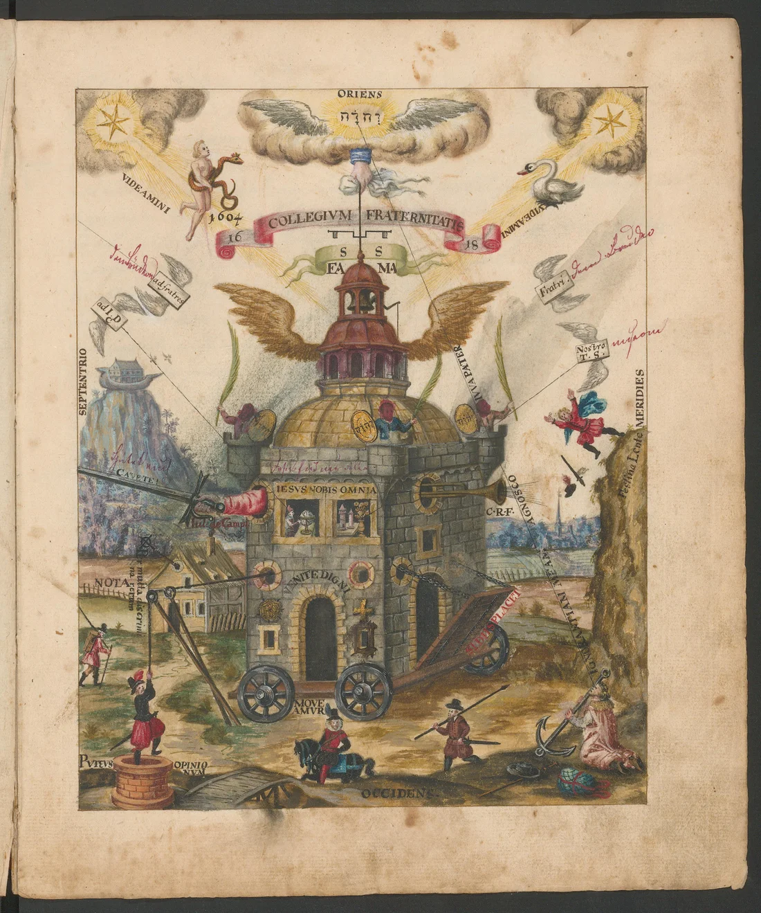 The winged Rosicrucian college, detail of the 1618 Speculum engraving