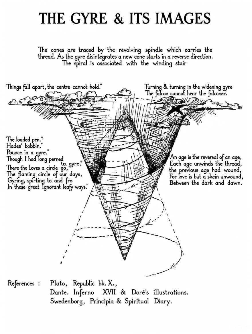 The Gyre and Its Images: a historical teaching plate showing interpenetrating cones, the winding stair, and literary correspondences.