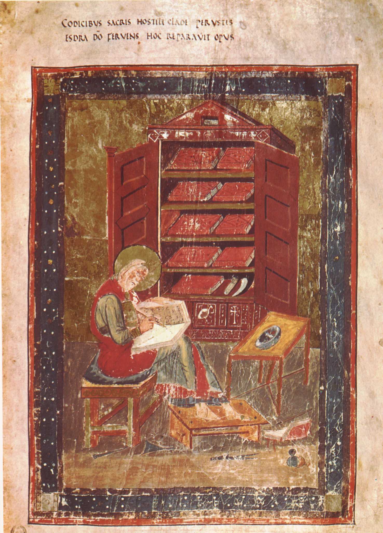 Ezra the scribe sits before an open book cupboard in Codex Amiatinus, folio 5r.