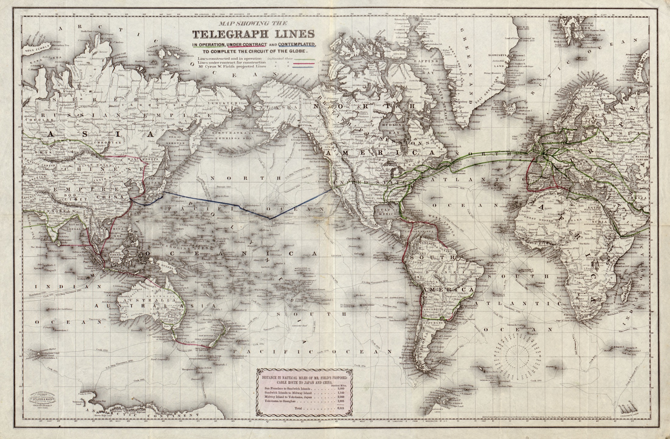 An 1871 world map traces operating, contracted, and proposed telegraph lines across continents and oceans.