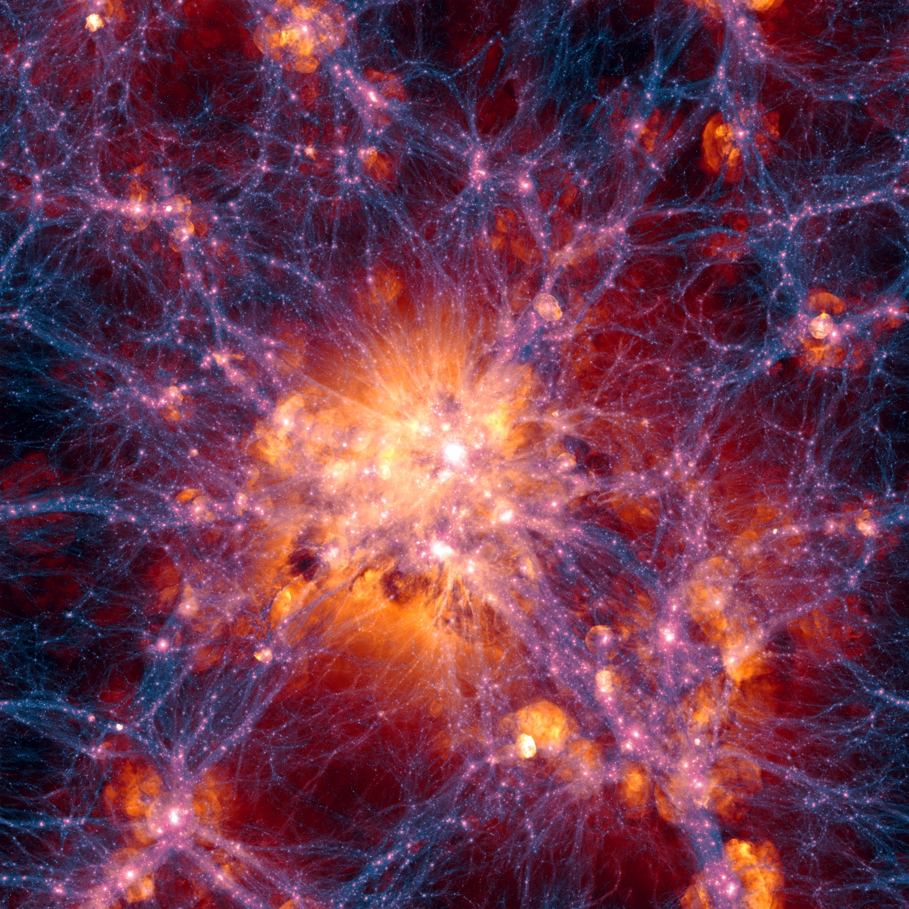 The Illustris simulation shows dark matter in blue and gas in orange arranged in filaments and dense concentrations.