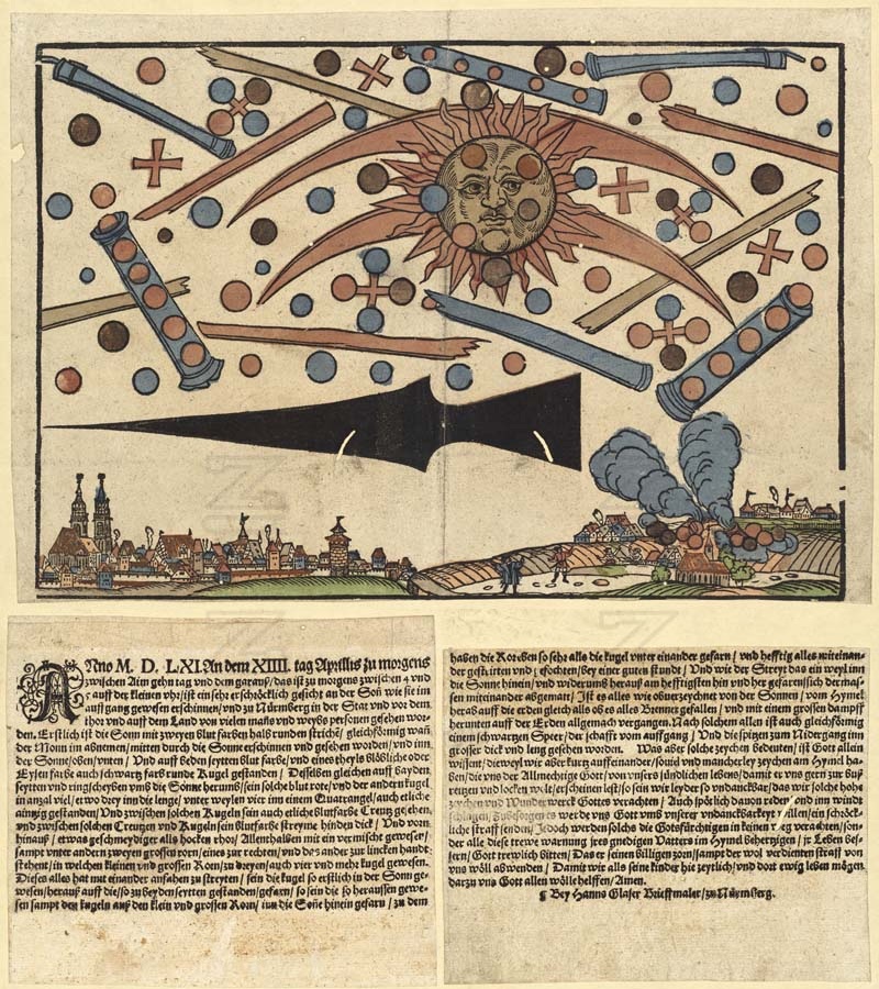 Hanns Glaser's 1561 Nuremberg broadsheet showing globes, crosses, rods, and a dark spear-like form in the sky.