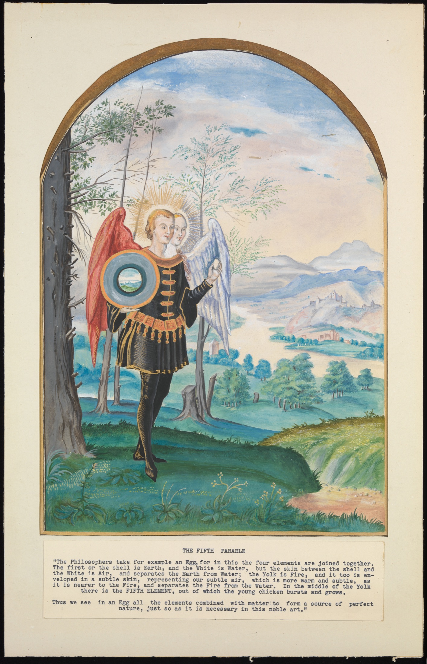 Edith Ibbs's Hermetic Androgyne combines red and white wings, two faces, a round shield, and a unified body.