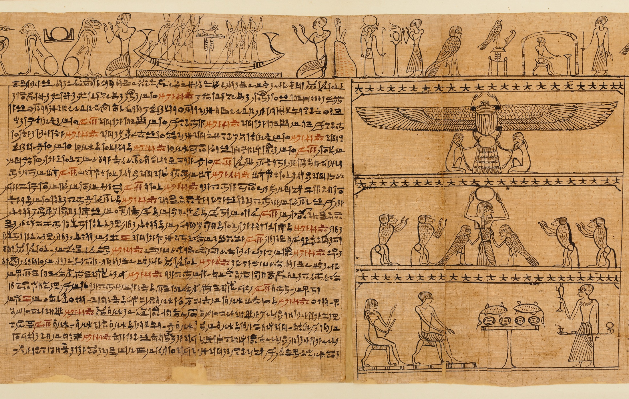 A papyrus detail shows the solar barque, winged scarabs, and the sun passing through successive forms of renewal.
