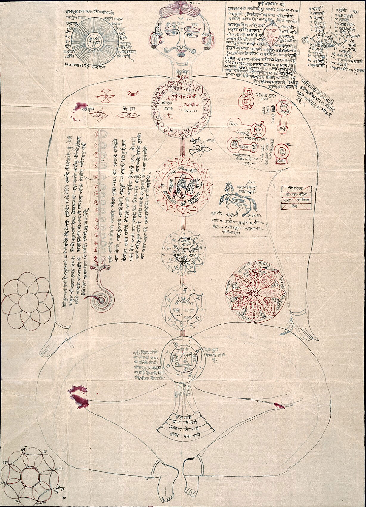 An unidentified Indic manuscript diagram maps seven centers and channels across a seated human body.