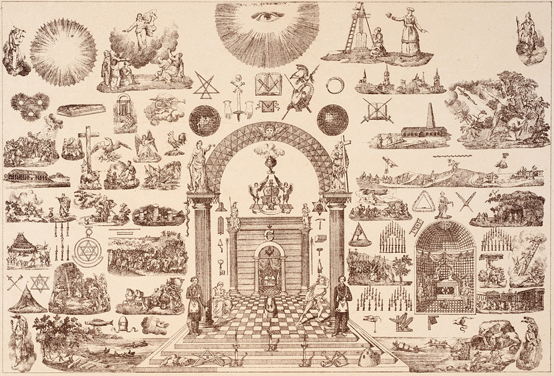 A nineteenth-century Masonic tracing board gathers the Eye of Providence, temple, checkered floor, geometric tools, biblical scenes, and ritual emblems into one visual field.