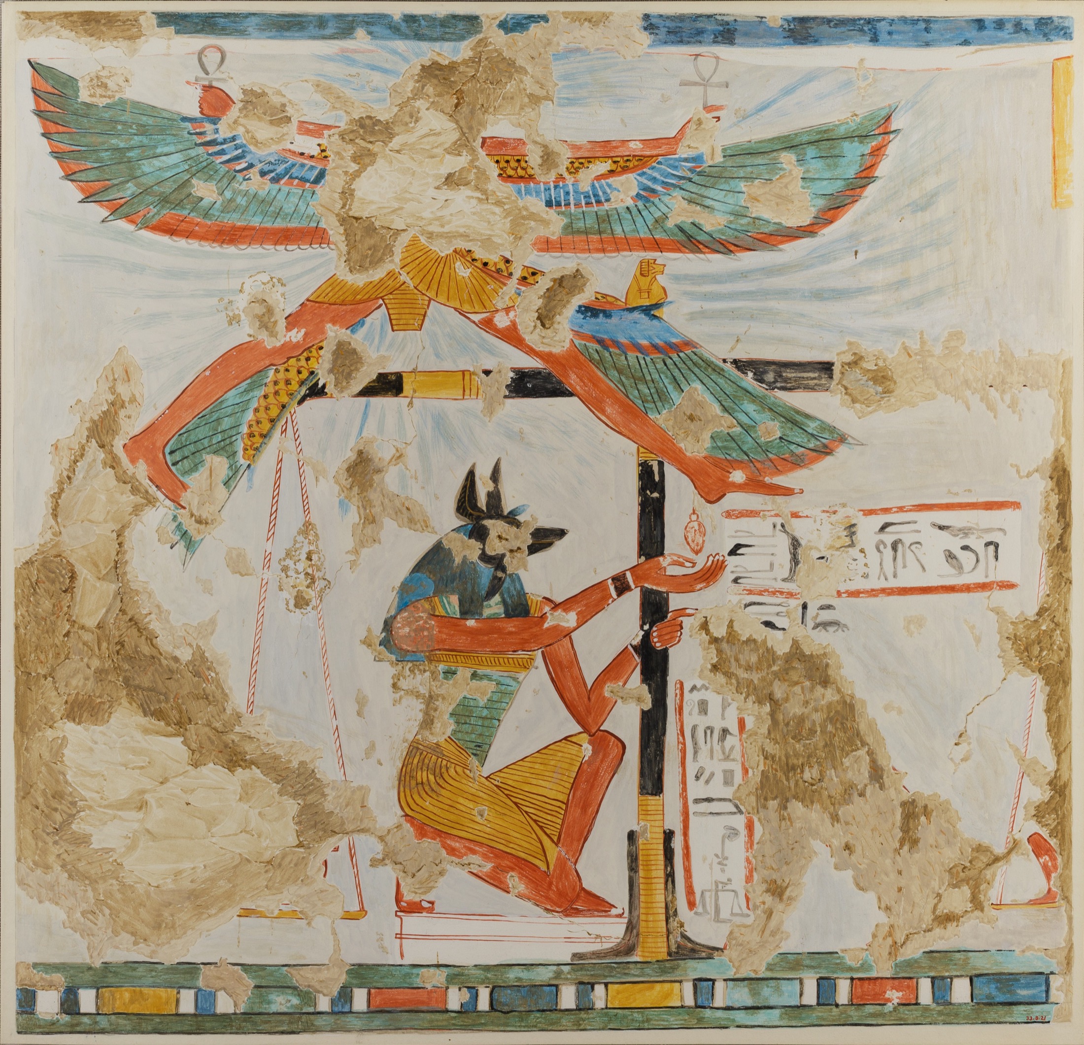 Anubis kneels beside a balance beneath the winged goddess Nut in a painted facsimile from the tomb of Nakhtamun.