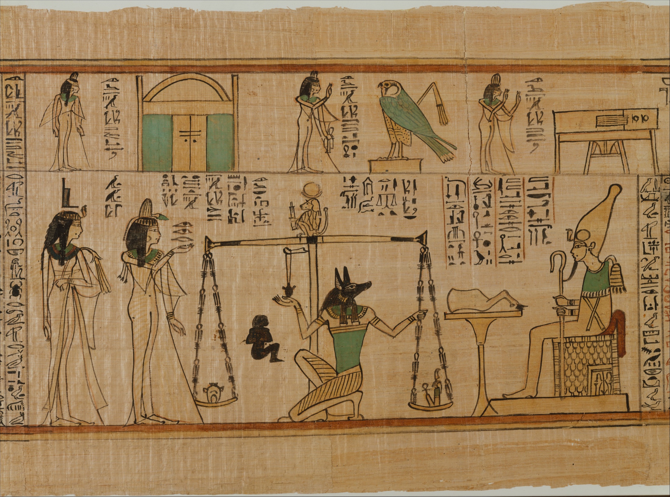 A register from the Book of the Dead of Nauny shows Anubis weighing the heart before Osiris and divine witnesses.