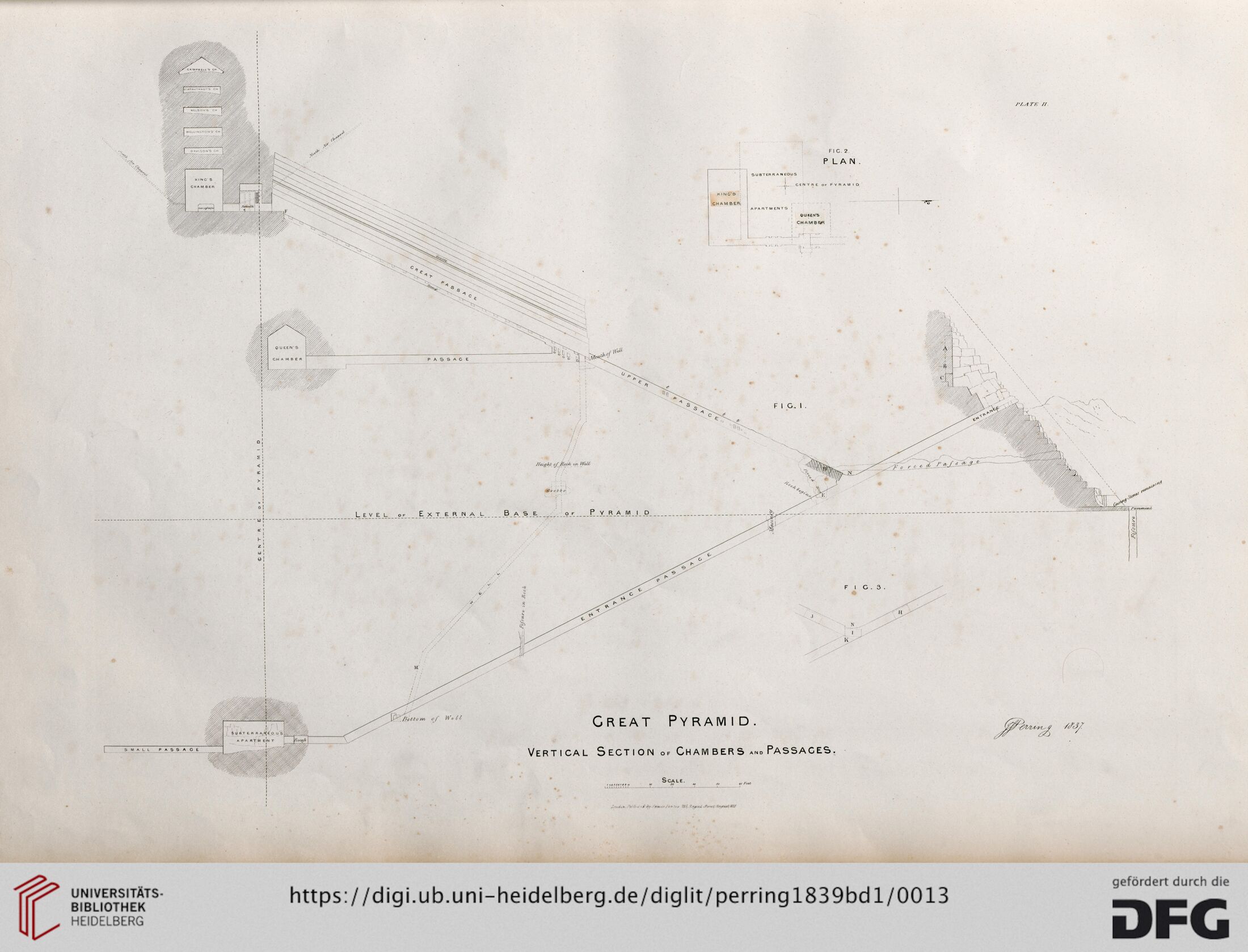 John Shae Perring's measured vertical section traces the Great Pyramid's descending and ascending passages, chambers, gallery, and relieving spaces.