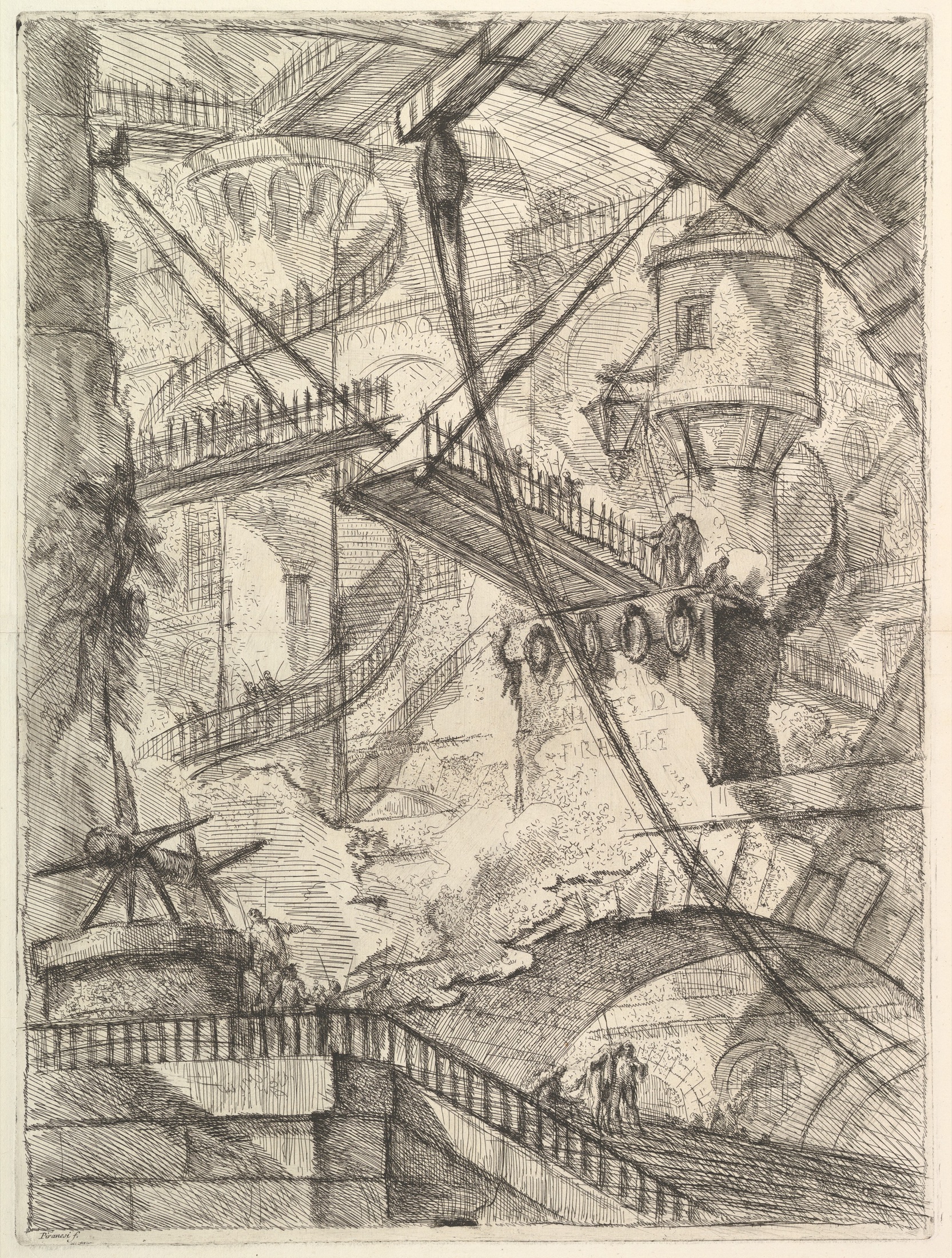 Piranesi's Drawbridge: immense stairs, bridges, and machinery form an imaginary prison whose routes lead deeper inside.