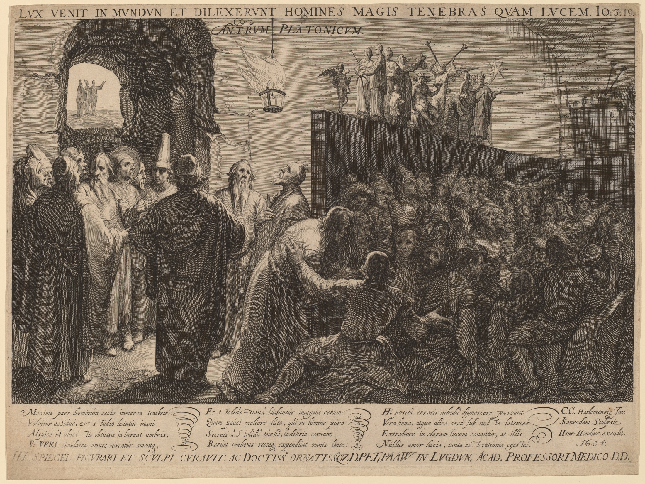 Jan Saenredam's engraving of Plato's cave shows prisoners oriented toward projected appearances while the sources of light, image, and release remain elsewhere in the scene.