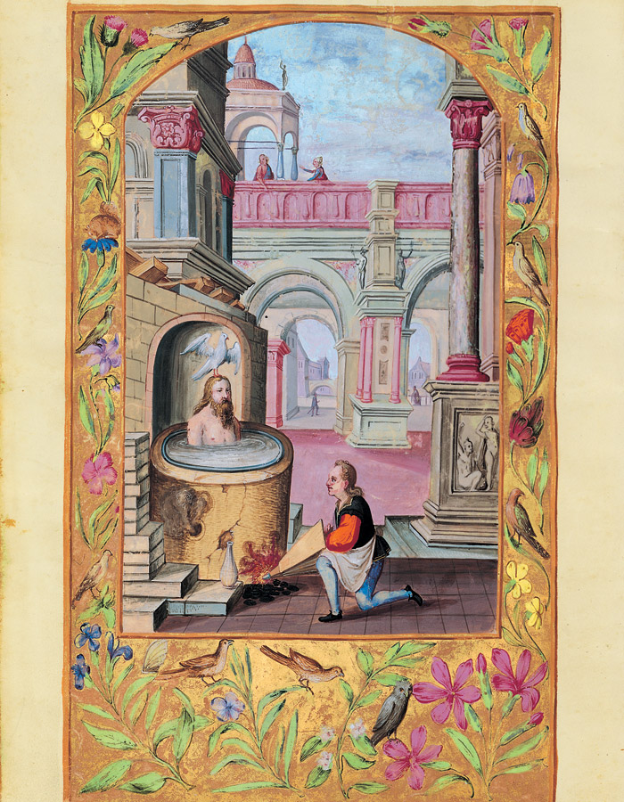 A Splendor Solis illumination shows a human body heated inside an alchemical vessel while an attendant tends the fire.