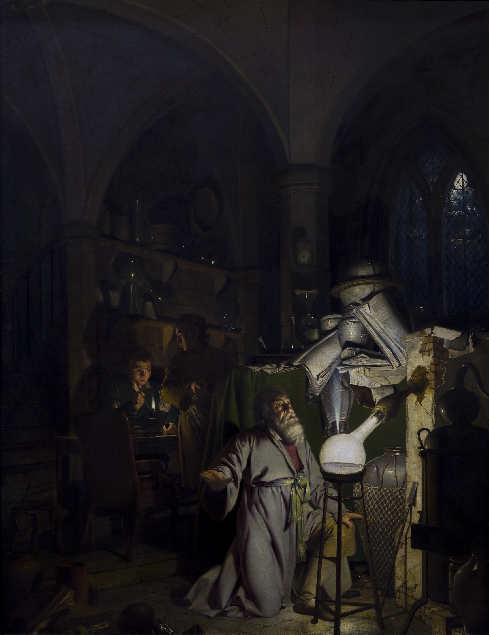 Joseph Wright's alchemist kneels before a glowing vessel while assistants watch from a dark laboratory.